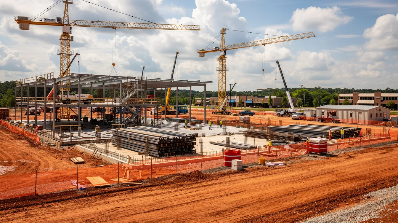 The image depicts a large commercial construction site featuring cranes and steel framing under a partly cloudy sky in a southeastern US setting, highlighting the complexities and potential construction delays that may arise from factors beyond the contractor's control, such as unusually severe weather or supply chain disruptions. This bustling scene reflects the critical path of a construction project, where timely completion is essential for contract performance.