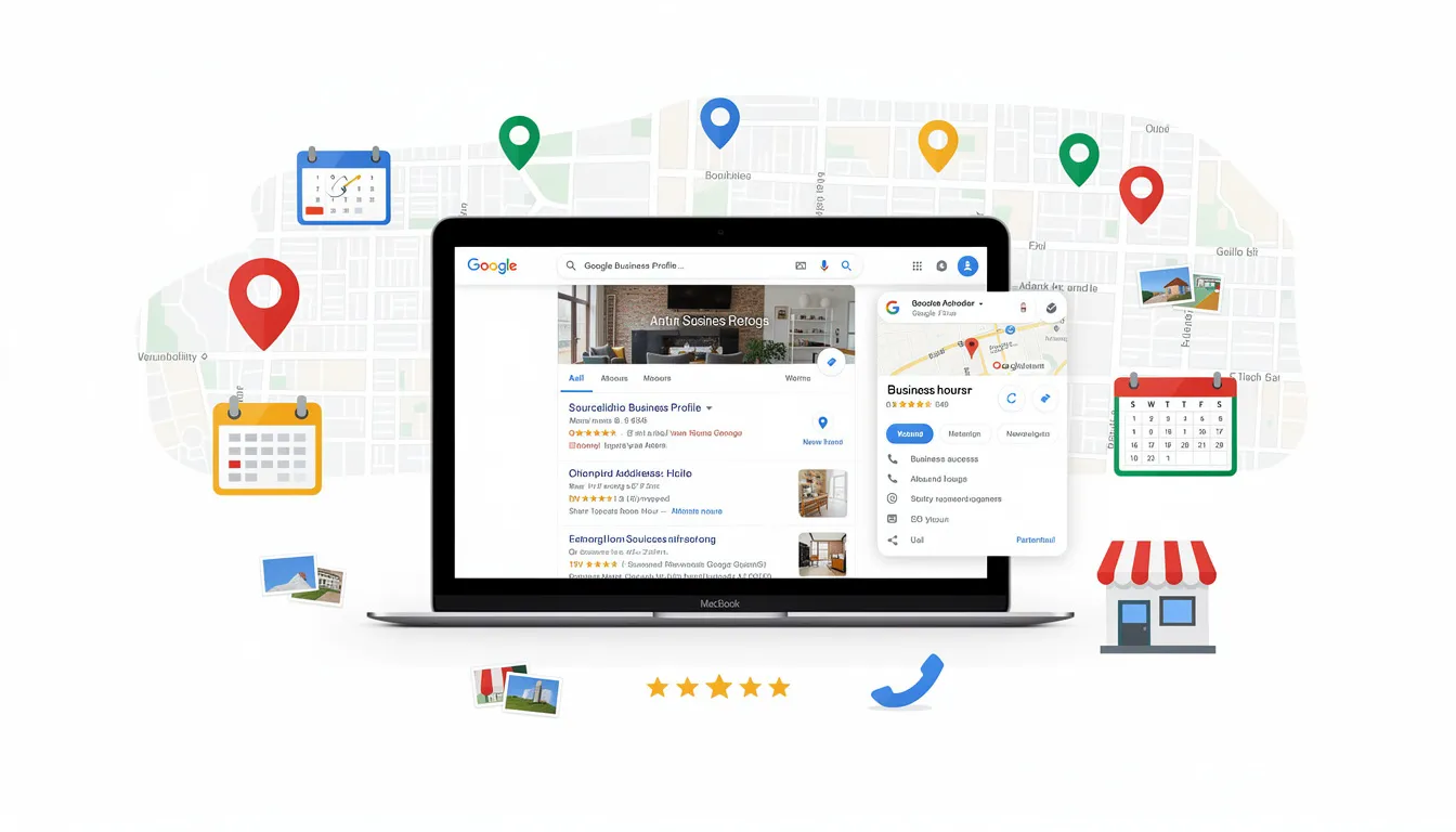 The image depicts a well-organized Google Business Profile (GBP) highlighting essential business details such as the name, address, phone number, and opening hours, which are crucial for local SEO success. This complete GBP enhances local search visibility, ensuring that local customers can find the business easily on Google and Google Maps.