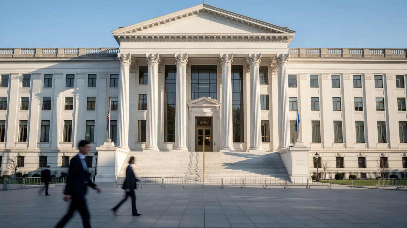 The image depicts a large government building with grand columns, symbolizing the central bank's role in shaping monetary policy decisions, including the determination of the federal funds rate and prime interest rate. This structure represents the influence of the Federal Reserve on various financial products, such as mortgages and loans, affecting interest rates across financial institutions.