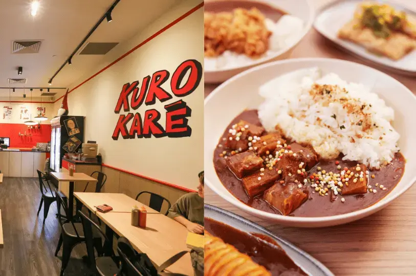 A split view showing the casual, modern dining interior of Kuro Kare, paired with a close-up of their signature dark Japanese curry rice featuring tender meat blocks and colorful garnishes.