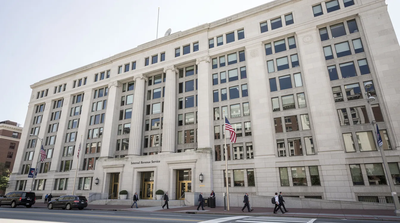 The image shows the headquarters of the Internal Revenue Service (IRS), a large, modern building that represents the federal government agency responsible for tax collection and enforcement of federal tax laws. This location is significant for individuals dealing with tax refunds, income tax returns, and various debts owed, as it is where many related processes and inquiries take place.