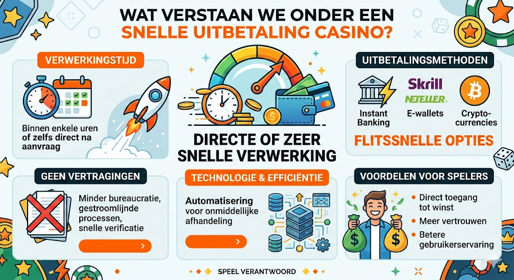 Infographic over een snelle uitbetaling casino, met uitleg over instant uitbetaling via e-wallets zoals Skrill en Neteller, snelle verwerking van een uitbetaling aanvragen bij online casino’s in Nederland en hoe direct uitbetalen bij het snelst uitbetalende online casino werkt.