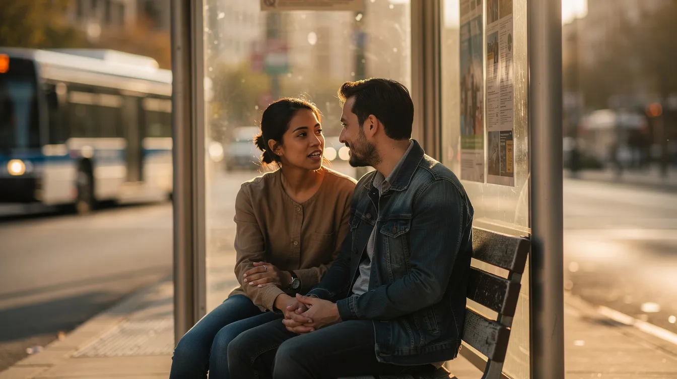 The image shows two individuals sitting on a bus stop, engaged in an honest conversation that exemplifies a healthy relationship. Their open communication reflects emotional safety and a commitment to addressing relationship issues in a supportive environment.