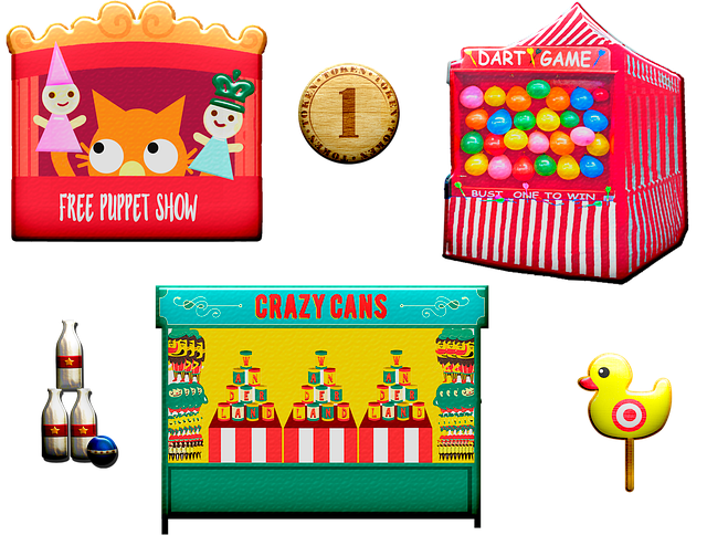 amusement games, balloon dart, puppet show carnival