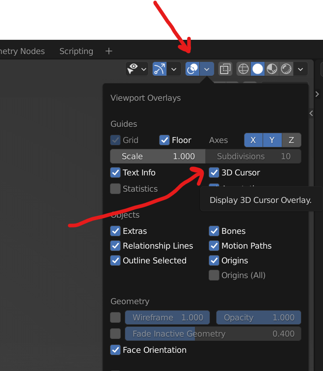 How to display 3D cursor in Overlays panel