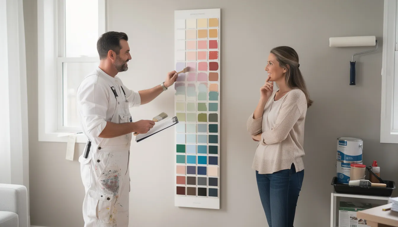 Un artisan peintre discute avec un propriétaire devant un nuancier de couleurs, explorant les options pour des travaux de peinture intérieure à Vertou, dans le département de la Loire-Atlantique. L'échange met en avant le savoir-faire et l'expertise du peintre décorateur, essentiel pour le projet de rénovation.