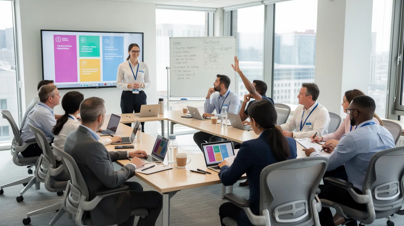 The image depicts a group of professionals engaged in a training workshop focused on managing cybersecurity risks and enhancing their cybersecurity posture. They are actively participating in discussions about the NIST cybersecurity framework and risk management practices to better understand how to mitigate cyber threats and improve their organization's security measures.