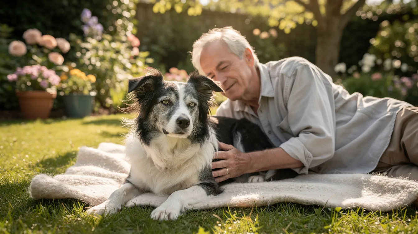 An elderly border collie lies peacefully on a blanket beside its owner in a garden, showcasing the bond between them. The dog's calm demeanor reflects the comfort of managing arthritis, a common condition in older dogs that can affect their joints and overall quality of life.