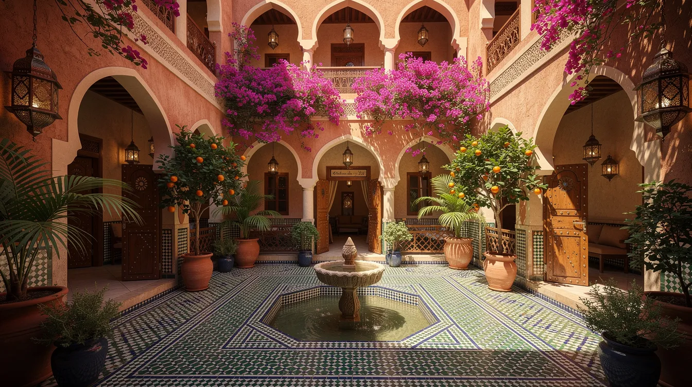 Una guesthouse marocchina tradizionale con un cortile pieno di piante fiorite.