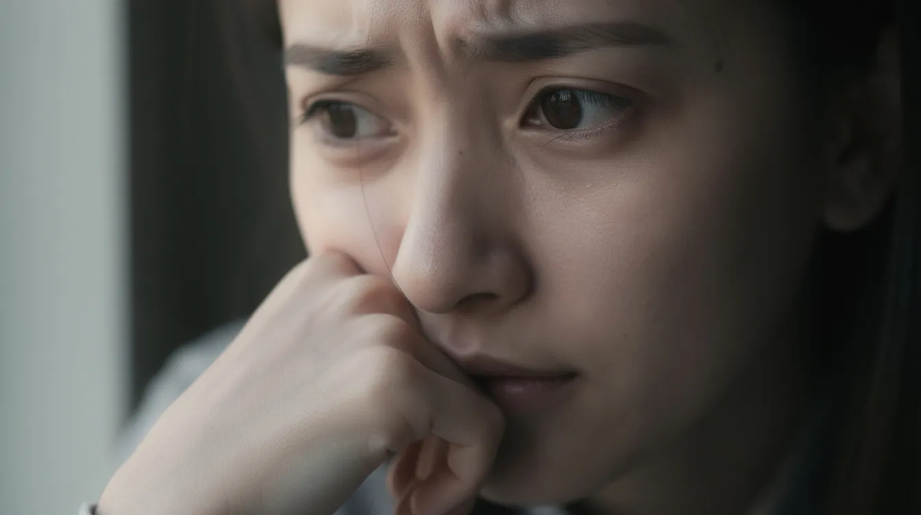 A close-up portrait of a person resting their chin on their hand, with natural lighting highlighting their tired eyes and dark circles under the eye area, suggesting they may be experiencing eye strain from long hours spent on screens. The relaxed expression hints at a need for rest, while the subtle puffiness around the eyes adds to the impression of fatigue.