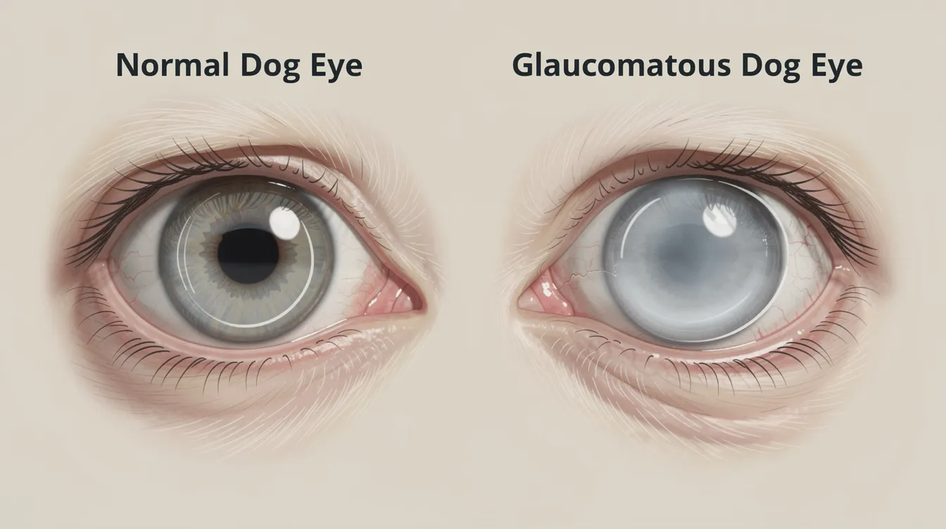 The image presents a side-by-side comparison of a healthy dog eye and a glaucomatous dog eye, highlighting the cloudy cornea and enlarged globe characteristic of increased intraocular pressure. The affected eye exhibits signs of glaucoma, which can lead to vision loss if not treated promptly by a veterinary ophthalmologist.