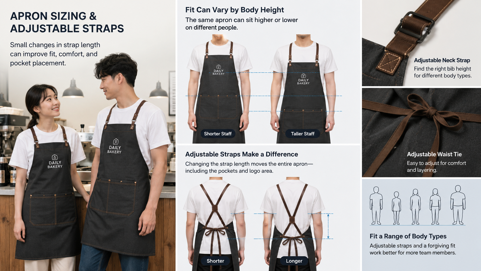 Apron sizing guide showing adjustable neck straps, waist ties, and fit differences for shorter and taller wearers.