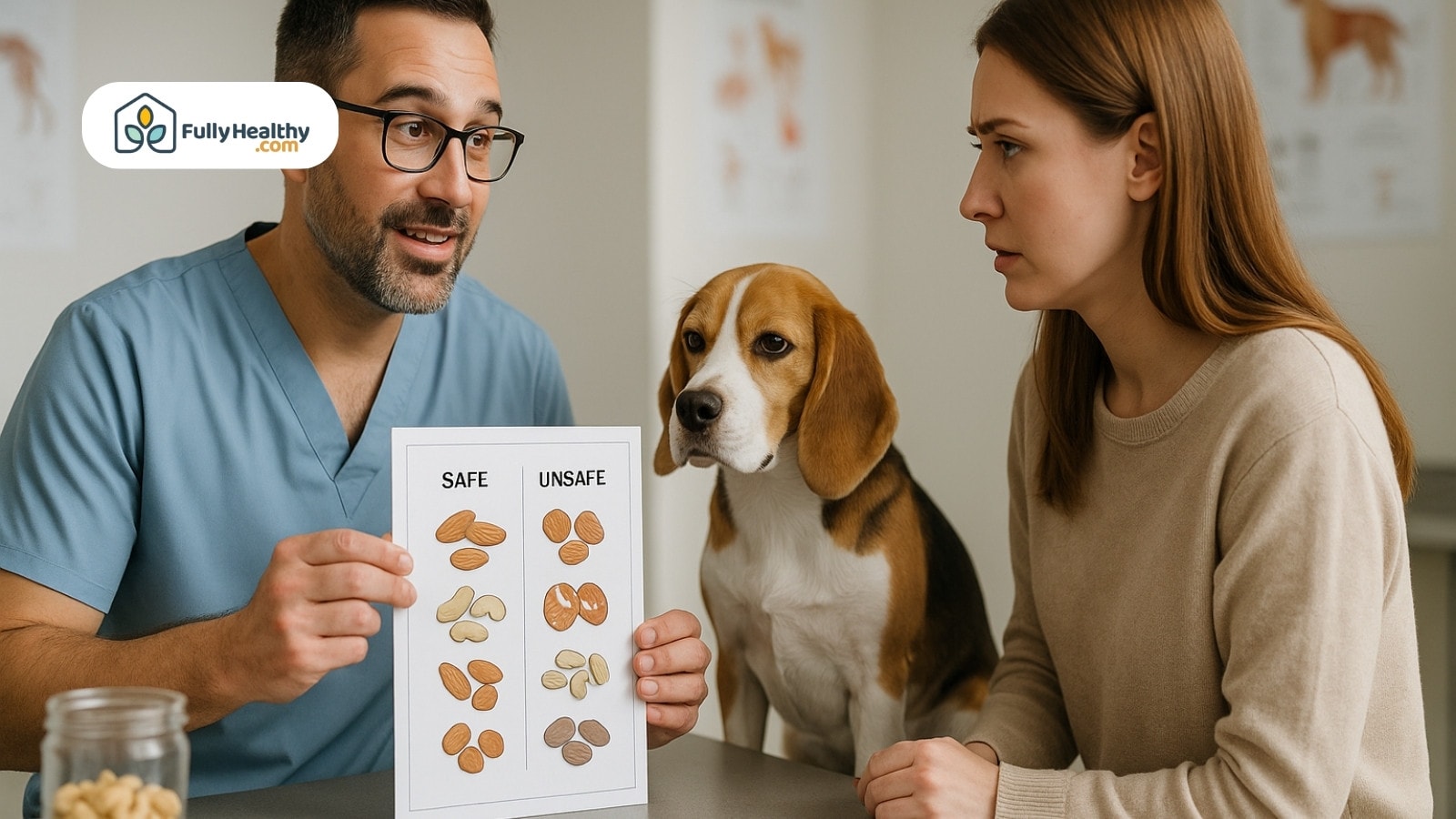 Vet shows nut safety chart to concerned woman and dog during consultation