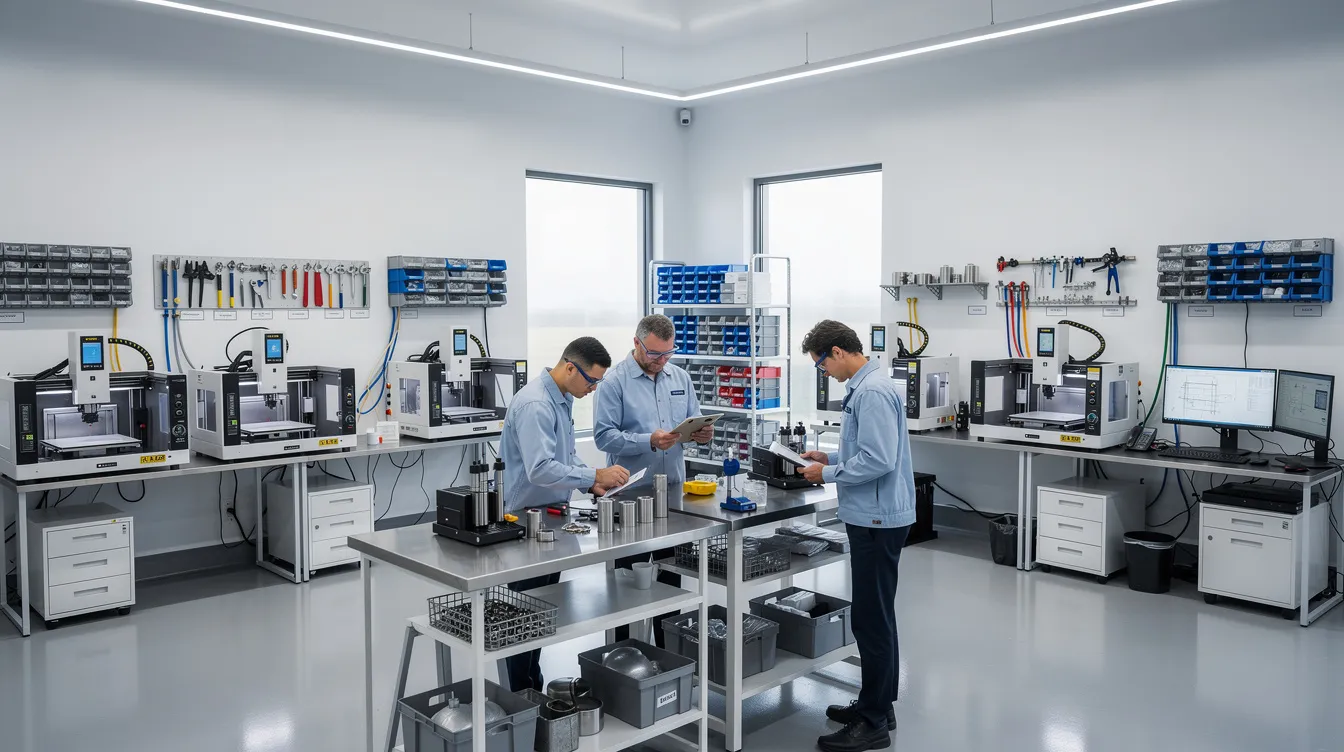 The image depicts a small modern manufacturing workshop bustling with activity, featuring various machinery and skilled workers engaged in production. This scene highlights the vibrant manufacturing sector in Madhya Pradesh, showcasing potential business opportunities for aspiring entrepreneurs in the state.