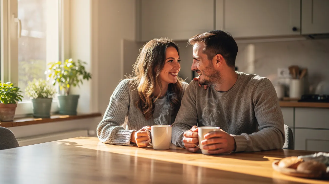 A couple sits at a sunny kitchen table, enjoying coffee together while engaging in a warm conversation that reflects their healthy relationship. Their body language, including gentle eye contact and holding hands, conveys the joy and support they share in their romantic partnership.