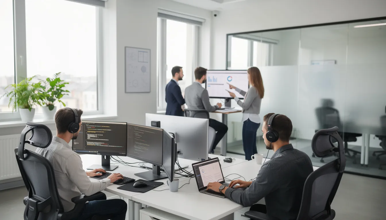 Opinie o dostawcach usług informatycznych dla biznesu – jak czytać rankingi i wybrać partnera IT w 2025 roku? 1 Na zdjęciu znajduje się profesjonalne biuro IT, w którym zespół specjalistów pracuje przy komputerach, zajmując się rozwojem oprogramowania i zapewnieniem bezpieczeństwa informacji. W tle widoczne są nowoczesne technologie oraz elementy związane z outsourcingiem IT, co podkreśla kluczowe znaczenie ich pracy dla rozwoju firmy.