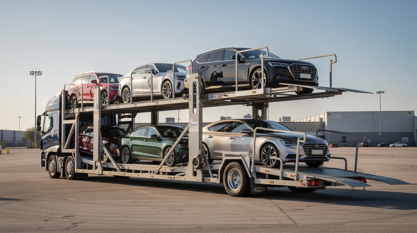 An open car carrier trailer is loaded with multiple sedans and SUVs, showcasing a variety of vehicles ready for transport. This image highlights the auto transport industry, emphasizing the efficiency of car shipping services for transporting cars safely.