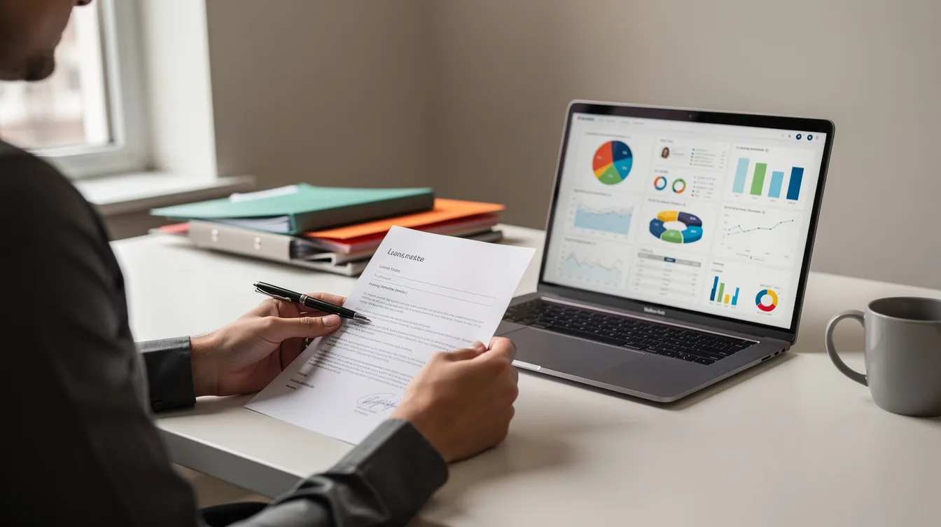 A person is seated at a home office desk, reviewing loan documents with a laptop displaying financial charts, likely analyzing their 清 數 貸款 options and assessing their 財務 狀況. The environment conveys a sense of focus and organization as they navigate through their financial planning.