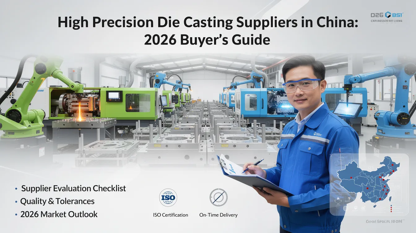 The image depicts a comprehensive guide for buyers looking for high precision die casting suppliers in China for 2026, featuring various die casting processes such as aluminum die casting and magnesium die casting. It highlights the advanced technology and impressive annual production capacity of casting manufacturers, emphasizing the importance of precision die casting in producing high-quality aluminum and zinc die casting parts.