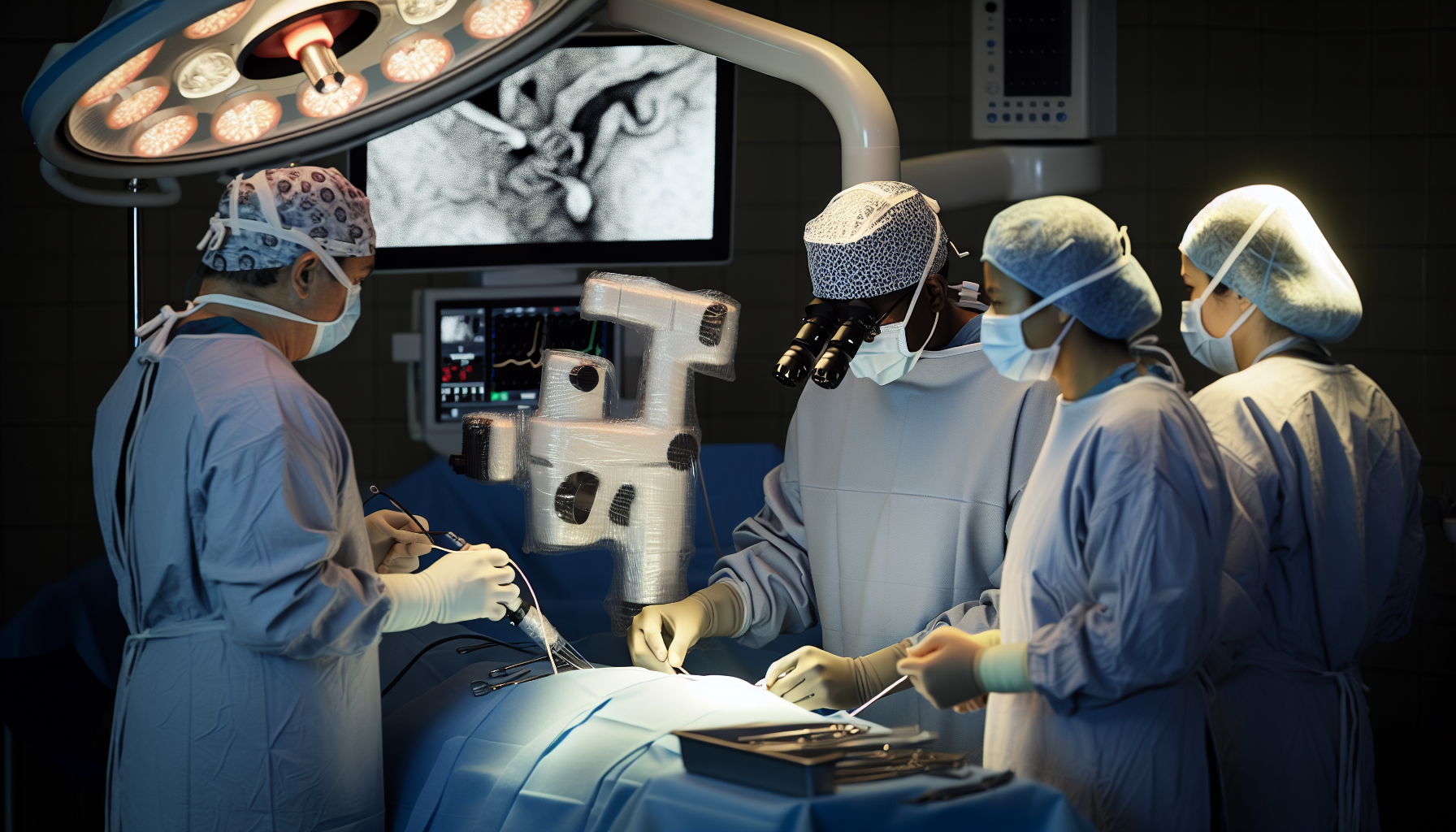 A surgical team performing a laparoscopic surgery for stage 3 colon cancer