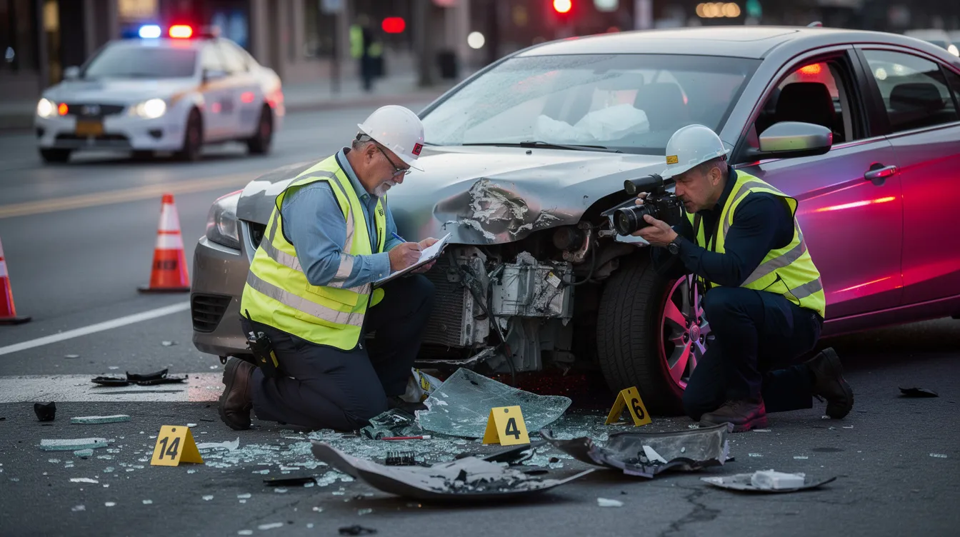 The image depicts accident investigators carefully examining the damage on a vehicle at a crash scene, highlighting the intricate details that may be crucial for accident reconstruction. Their specialized knowledge plays a vital role in providing expert witness testimony during legal proceedings related to the accident.