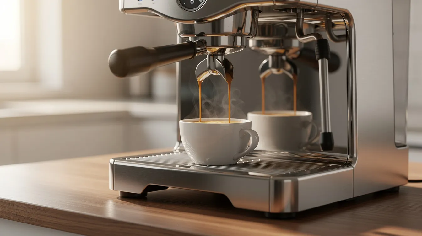 Das Bild zeigt eine professionelle Espressomaschine, die gerade frisch gebrühten Kaffee in eine Tasse ausgibt. Der köstliche Kaffeegenuss wird durch die glänzenden Kaffeebohnen und die sorgfältige Zubereitungsart unterstrichen, während die Maschine bereit ist, die perfekte Dosis für viele Menschen zu liefern.