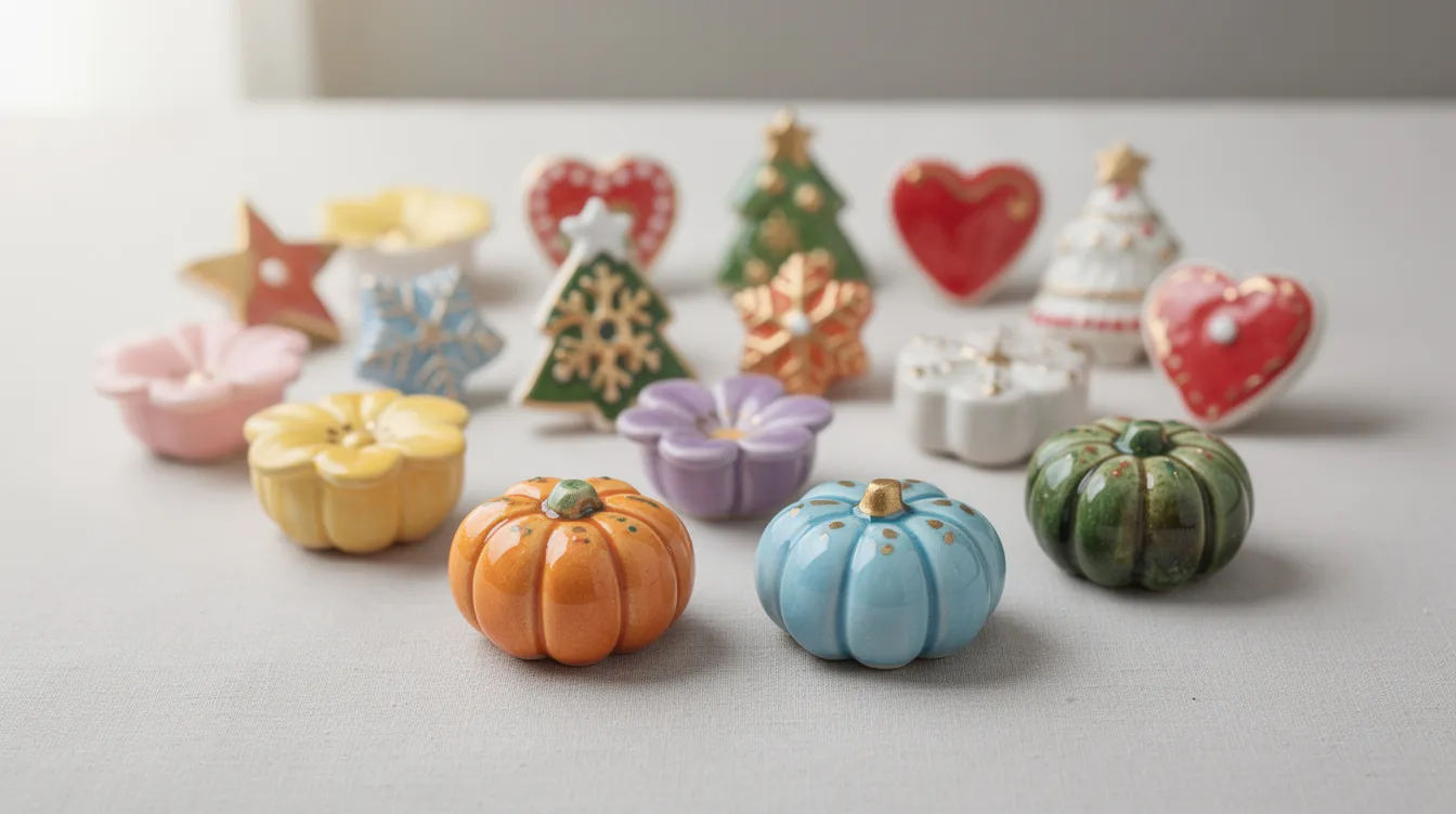 A vibrant collection of hand-painted ceramic miniatures, featuring whimsical designs of flowers, pumpkins, and holiday shapes, capturing the essence of life's seasons and special occasions. Each unique piece adds a touch of simplicity and charm, perfect for enhancing your décor or serving as delightful gifts.