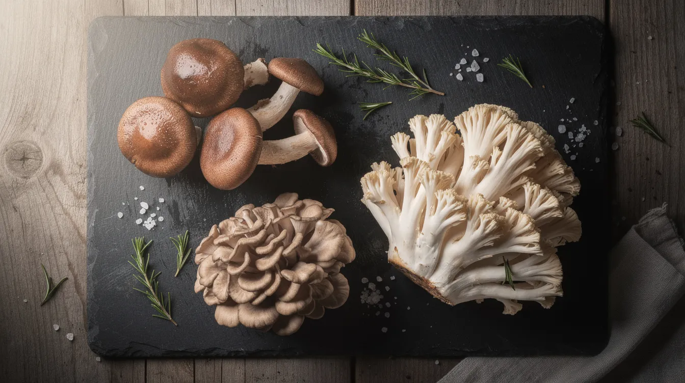 The image showcases a variety of fresh mushrooms, including shiitake, maitake, and lion's mane, beautifully arranged on a dark slate cutting board, highlighting their unique textures and colors. These mushrooms are often associated with health benefits such as natural energy boosts, improved focus, and stronger immunity, making them a popular choice for wellness enthusiasts.