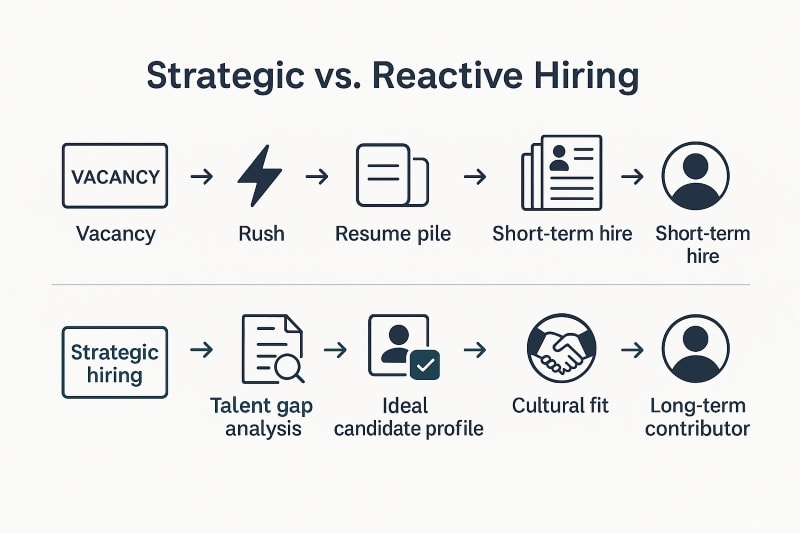 A clean, minimalist infographic titled "Strategic vs. Reactive Hiring" comparing two hiring approaches. The top row shows a reactive path: Vacancy → Rush → Resume pile → Short-term hire. The bottom row illustrates a strategic approach: Strategic hiring → Talent gap analysis → Ideal candidate profile → Cultural fit → Long-term contributor. Icons accompany each step, and the design uses dark blue on a white background for a professional, modern look. ChatGPT fragen