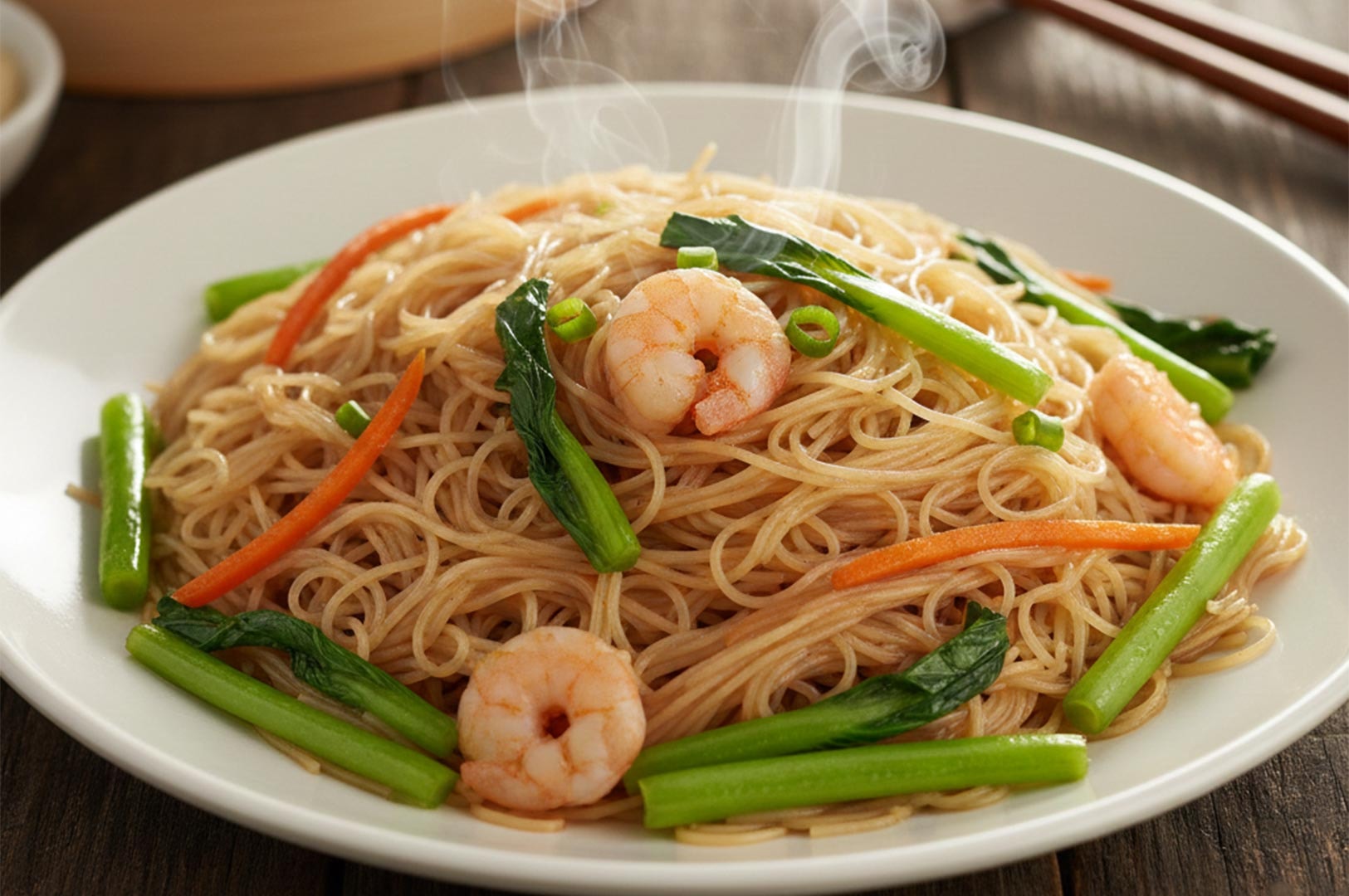 A plated dish of stir-fried rice vermicelli noodles with succulent shrimp, sliced carrots, and green leafy vegetables.