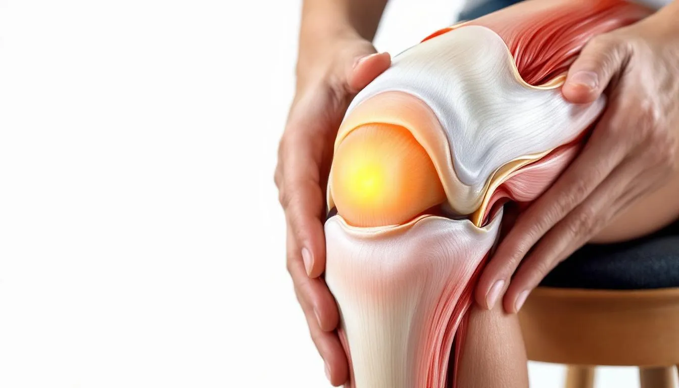 A person is holding their knee, highlighting the joint anatomy, including healthy cartilage and connective tissue, which is essential for joint mobility and function. This image emphasizes the importance of joint health and the potential benefits of joint supplements like glucosamine and chondroitin for relieving joint pain and supporting overall joint comfort.