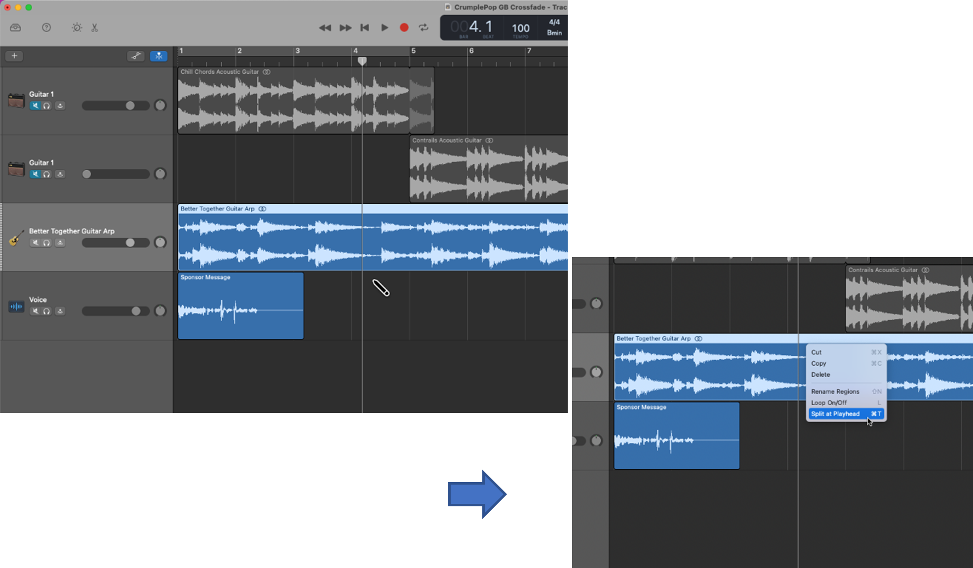 Move playhead to point that you want to cut, right-click, and select Split at Playhead