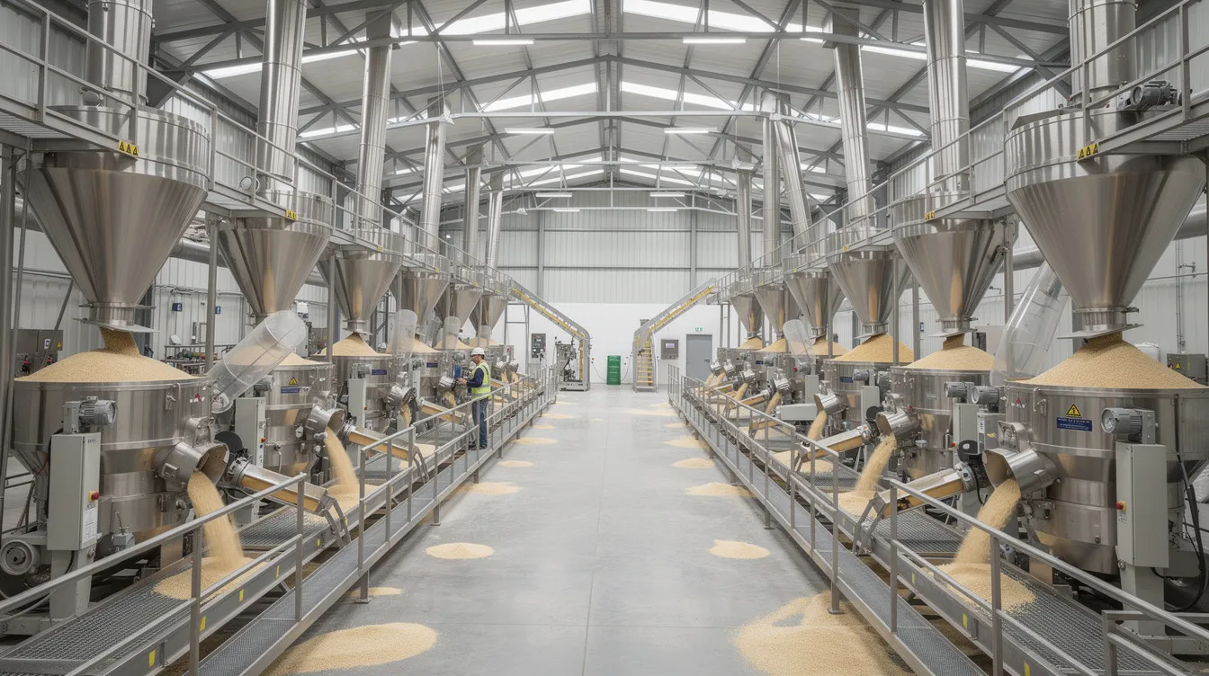 fd729038 ecd4 4462 a682 4a28f379d20d The image shows the interior of a large, modern rice milling facility equipped with advanced steel machinery, conveyors, and elevators designed for processing rice grains. This rice processing plant emphasizes efficiency and quality, showcasing the milling process that transforms paddy rice into polished rice and brown rice, meeting the rising market demand.