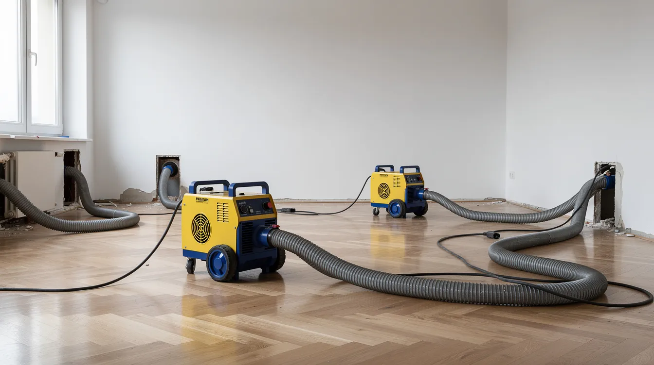 In einem leeren Wohnraum stehen Bautrocknungsgeräte mit Schläuchen, die zur Bekämpfung von Wasserschäden eingesetzt werden. Diese Geräte sind wichtig, um Feuchtigkeit nach einem Rohrbruch oder einer Überschwemmung zu reduzieren und mögliche Folgeschäden, wie Schimmelbildung, zu verhindern.