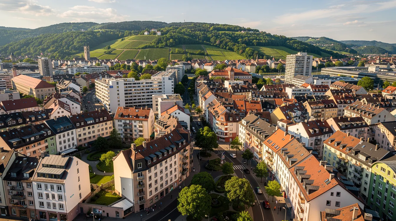 Die Luftaufnahme zeigt die Skyline von Stuttgart mit modernen Wohngebäuden und sanften grünen Hügeln im Hintergrund. Diese idyllische Stadtlandschaft vermittelt ein Gefühl von urbanem Leben und natürlicher Schönheit, während sie gleichzeitig an die Bedeutung von Rohrreinigung und Abflussreinigung in städtischen Wohnanlagen erinnert.
