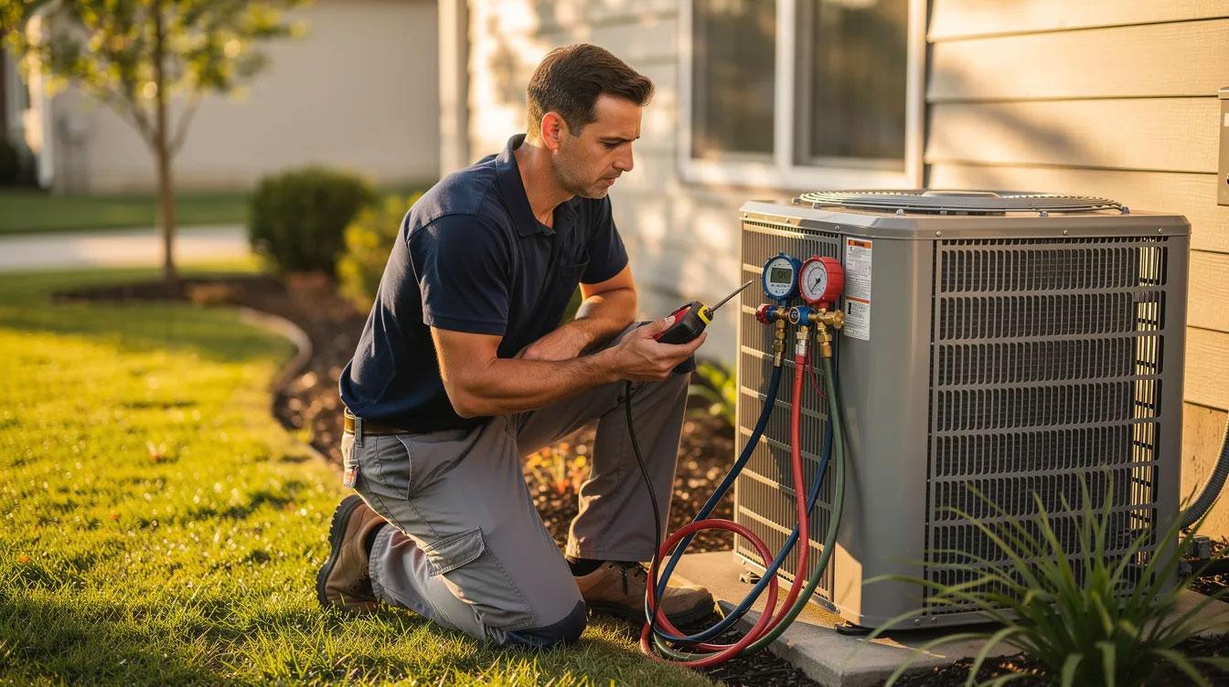 An HVAC technician in a plain navy shirt and grey pants is working on a residential air conditioning unit, checking its performance to ensure efficient operation and optimal indoor air quality. The warm, lifestyle-inspired image captures the technician's focus on maintaining the system's energy efficiency during the summer heat.