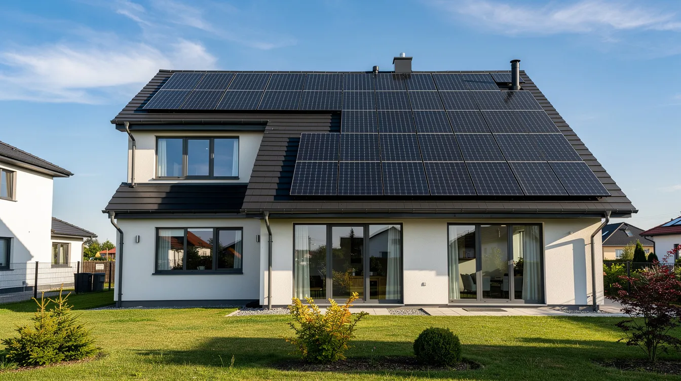 A residential home featuring solar panels installed on its roof is set against a clear blue sky, showcasing a commitment to renewable energy and energy efficiency. This installation not only reflects sustainable practices but may also qualify homeowners for various green tax incentives and rebates that can help reduce energy bills.