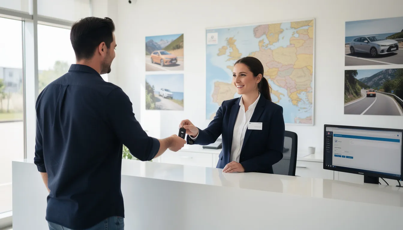 Un agent au comptoir d'une agence de location de voiture remet des clés à un client, illustrant un moment de prise en charge pour un véhicule de location. Cette interaction met en avant les services de location haut de gamme, tels que ceux offerts avec une carte Mastercard Platinum, qui apporte des privilèges et des avantages lors de voyages.