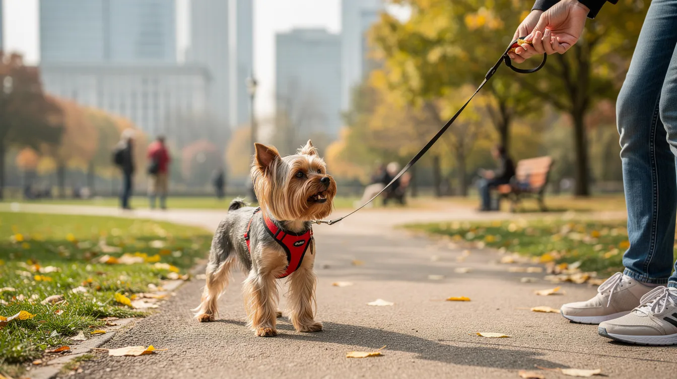 A small Yorkshire Terrier puppy is practicing leash training in a city park, surrounded by green grass and trees. The little Yorkie, with its silky blue and tan coat, is focused on its owner while other dogs and people enjoy the park in the background.
