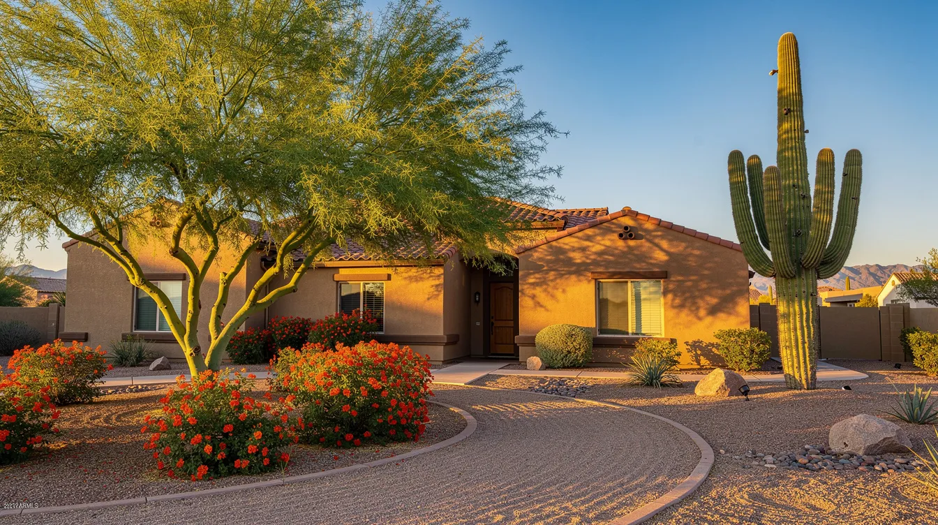 The image depicts a Sonoran Desert residential front yard featuring a vibrant palo verde tree, blooming chuparosa shrubs, and a tall saguaro cactus, all situated beside a stucco home. This landscape showcases native plants that thrive in harsh conditions, providing beauty and supporting local wildlife habitats.