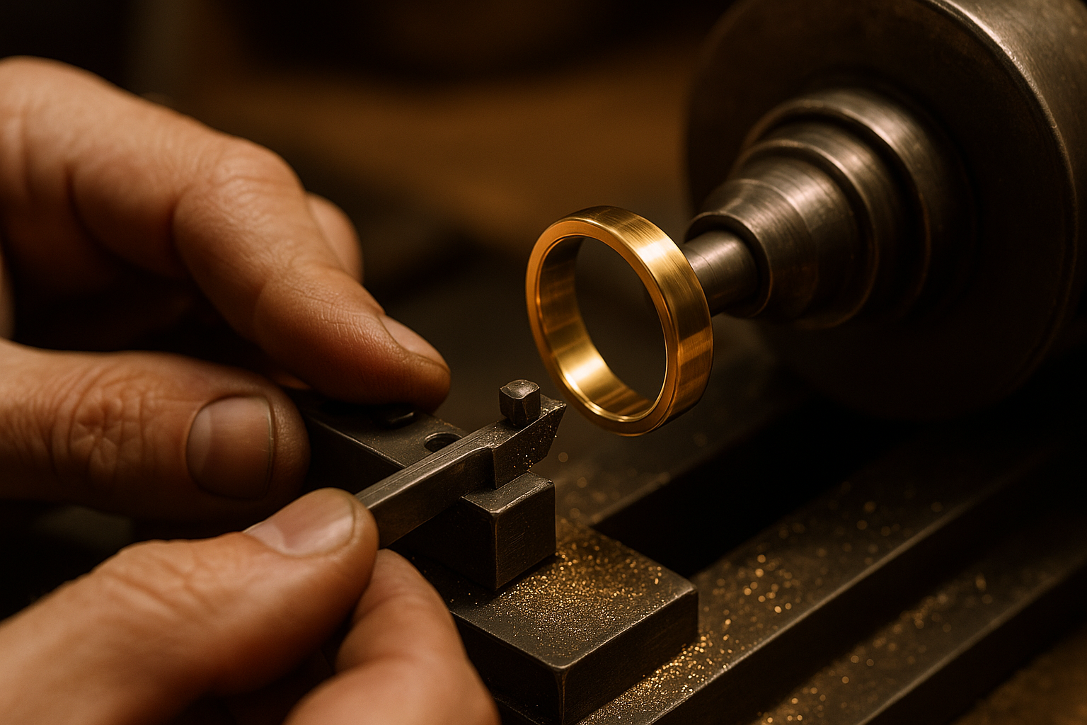 Juvelyras formuoja auksinį vestuvinį žiedą tekinimo staklėse, matosi metalo drožlės ir preciziškas darbas