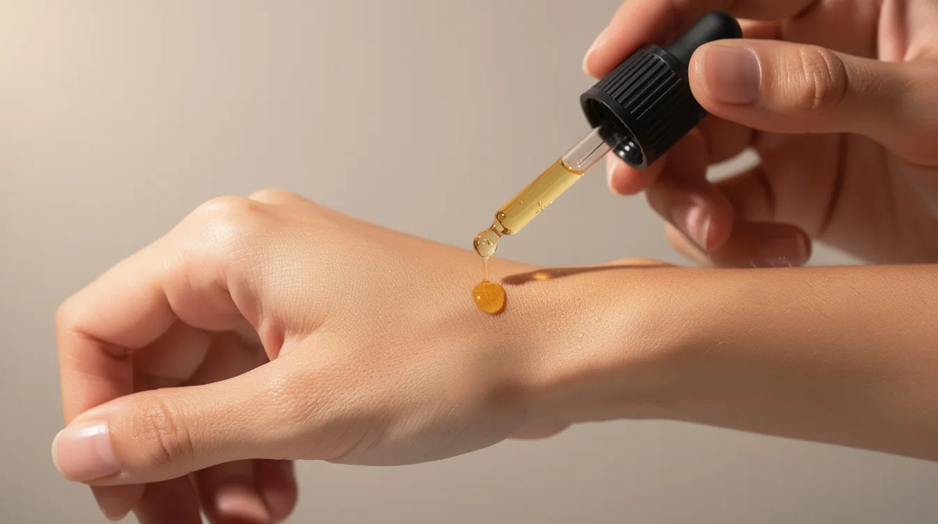 A person is applying a few drops of golden aloe vera oil from a dark glass bottle onto their forearm, highlighting the oil's moisturizing properties and soothing benefits for sensitive skin. The scene emphasizes the natural remedy aspect of aloe vera, known for its healing qualities and numerous benefits for skin care.