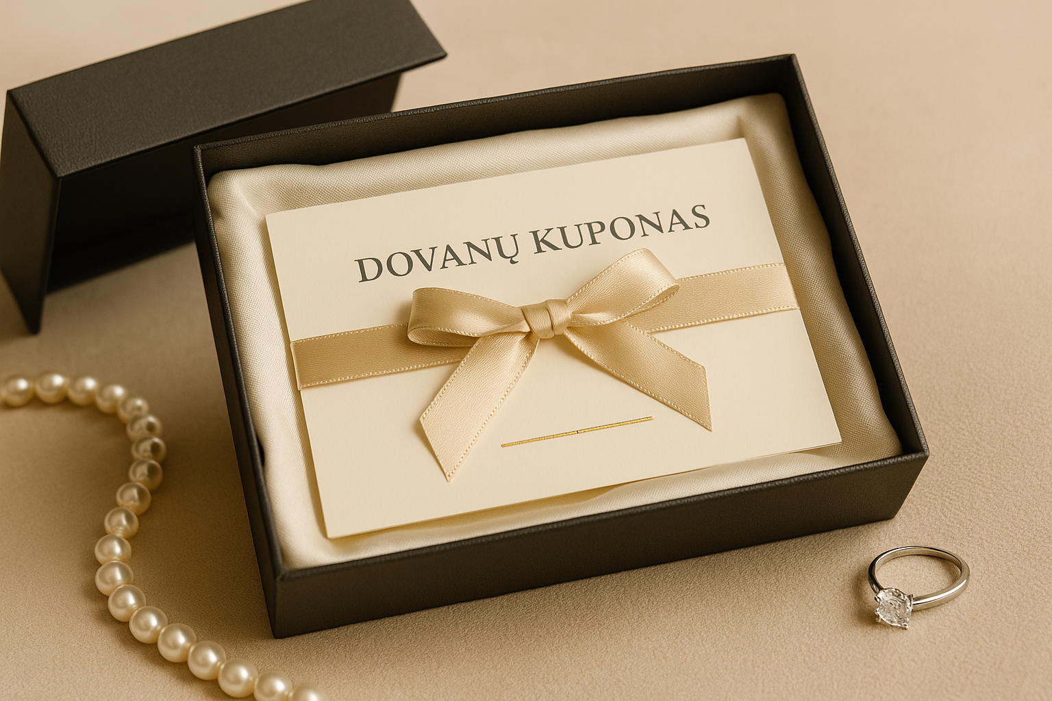 Prabangiai pateiktas dovanų kuponas dėžutėje su papuošalu.