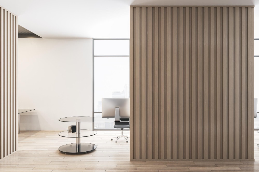 interior wood slat wall ideas as a room divider in office