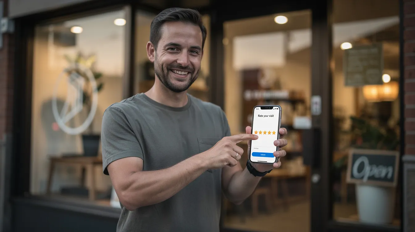 A smiling customer is standing outside a local business, holding a smartphone and tapping a star rating on the screen, reflecting positive reviews that can enhance the business's online visibility and local search rankings. This interaction highlights the importance of customer feedback in local SEO strategies and building trust with potential customers.