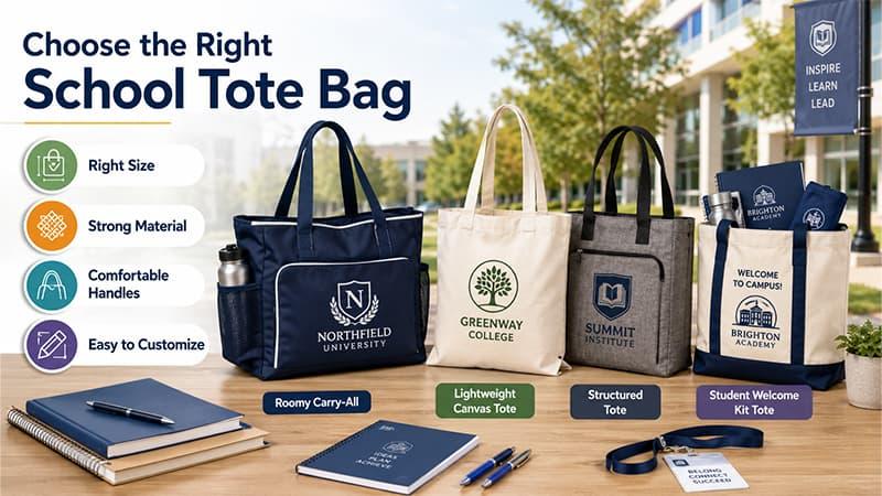 School tote bag options for campus programs, showing carry-all, canvas, structured, and welcome kit styles.