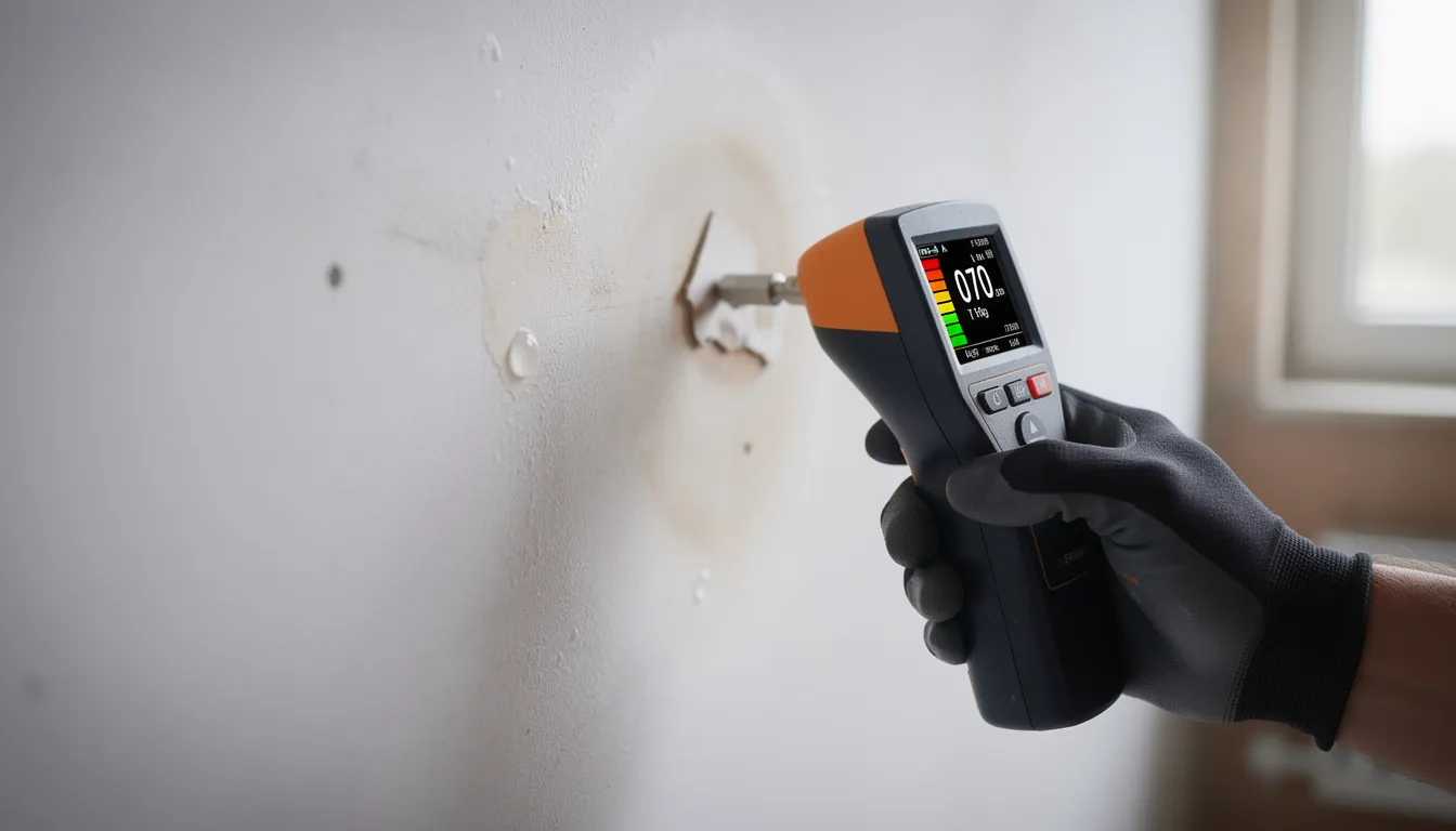 A moisture meter is being used to inspect a wall surface for hidden water damage, indicating potential indoor air quality issues such as mold growth. This process is crucial for maintaining a safe indoor environment and addressing health concerns related to poor air quality.