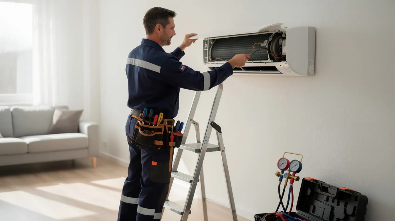 A technician is servicing an indoor split air conditioning unit, carefully inspecting the components and ensuring optimal performance for efficient cooling solutions. The technician is equipped with tools and is focused on maintaining the air conditioning system to enhance energy efficiency in a residential setting.