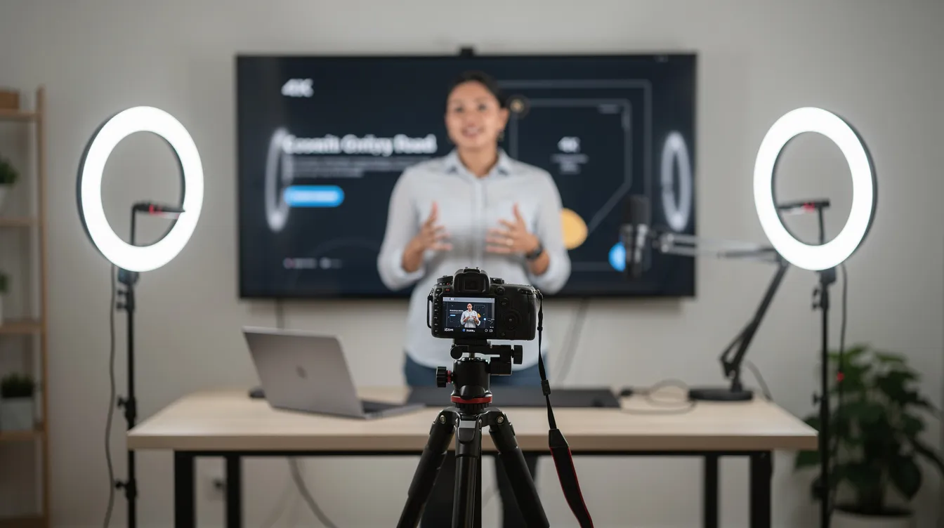 The image depicts a professional virtual keynote setup featuring bright ring lights and a large monitor, with a speaker engaging directly with the camera. This environment is designed to facilitate effective presentations by leadership speakers, showcasing a blend of technology and communication skills essential for impactful leadership events.