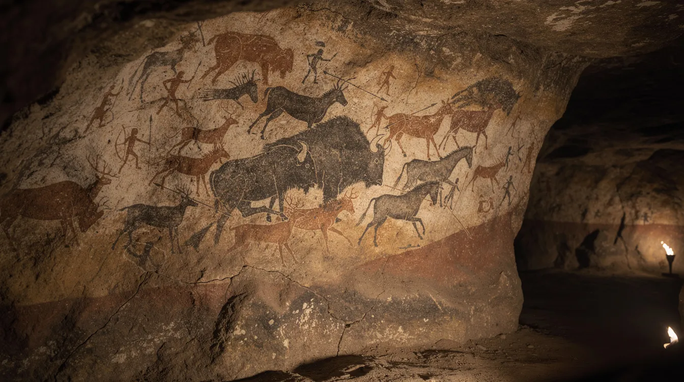 The image depicts ancient cave art featuring various animals and hunting scenes, showcasing early human creativity and storytelling. This artwork serves as a historical visual tool, illustrating the evolution of presentations from primitive expressions to modern-day slide presentations and digital projectors.